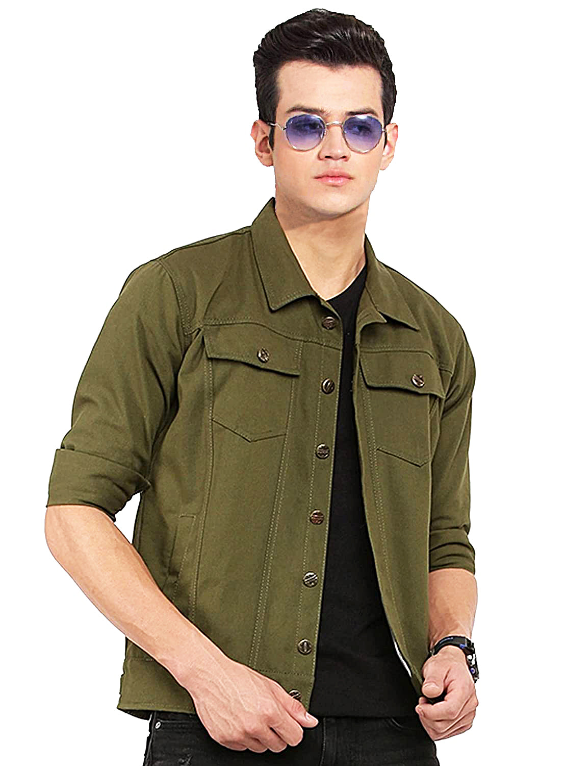 Men Regular Fit Washed Full Sleeve Cotton Jacket - Green