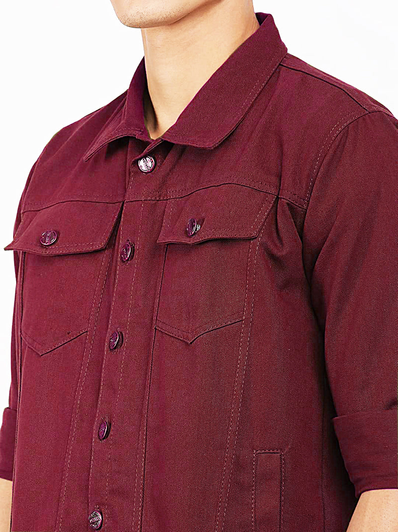 Men Regular Fit Washed Full Sleeve Cotton Jacket - Maroon
