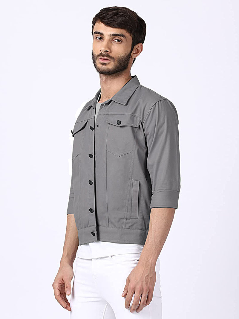 Men Regular Fit Washed Full Sleeve Cotton Jacket - Grey