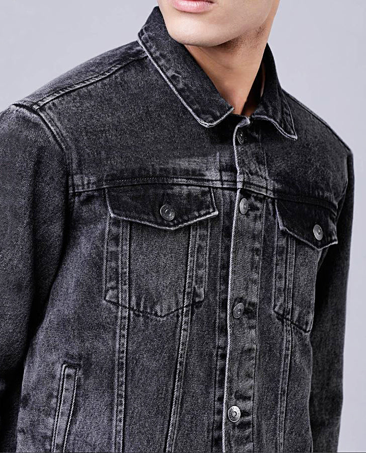 Men Regular Fit Washed Full Sleeve Black Toned Denim Jacket