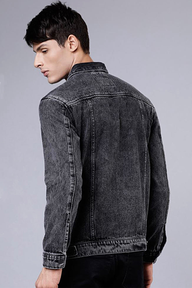 Men Regular Fit Washed Full Sleeve Black Toned Denim Jacket
