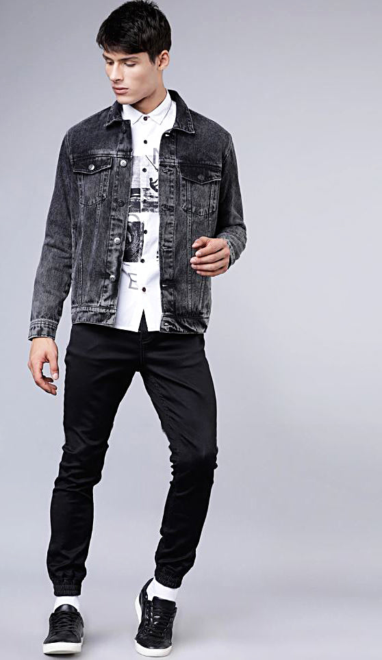 Men Regular Fit Washed Full Sleeve Black Toned Denim Jacket