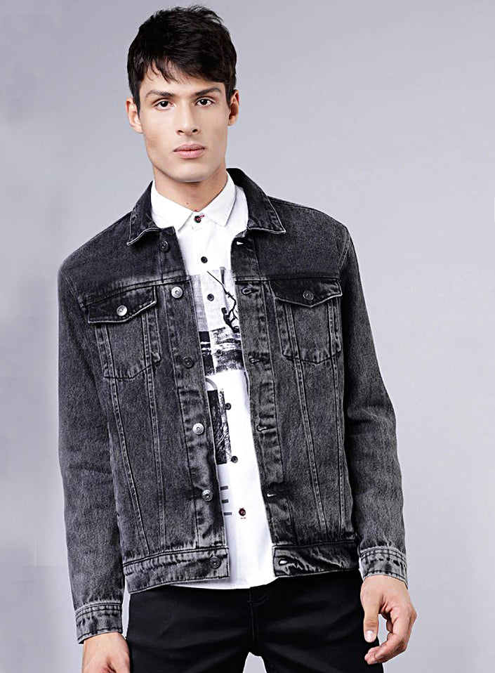 Men Regular Fit Washed Full Sleeve Black Toned Denim Jacket