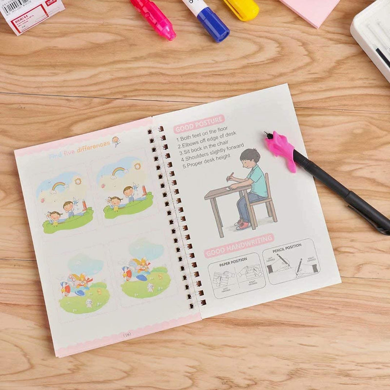 Magic book for kids Number & Letter Practice Copy Book Boys,Girls (4 Book+ 10 Refill + 1 Pen + 1 Grip)