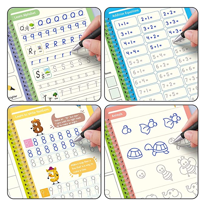 Magic book for kids Number & Letter Practice Copy Book Boys,Girls (4 Book+ 10 Refill + 1 Pen + 1 Grip)