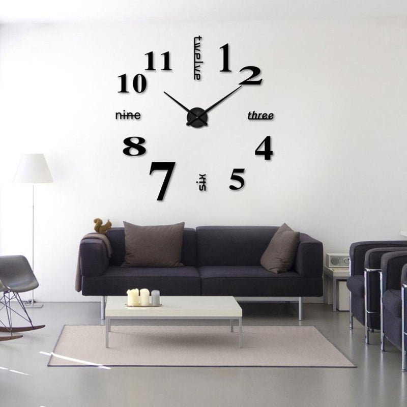 Acrylic DIY Frameless 3D Mirror Sticker Large Wall Clock for Home Office Decorations (Black) - T4215S-BK