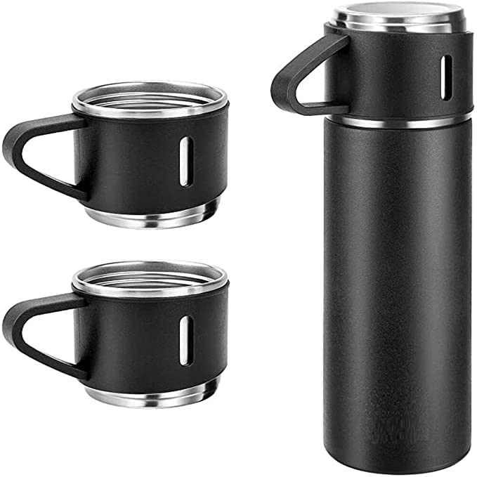 Stainless Steel Vacuum Flask Set with 3 Steel Cups Combo for Coffee Hot Drink and Cold Water Flask Bottle. 500ml - VACFLASK