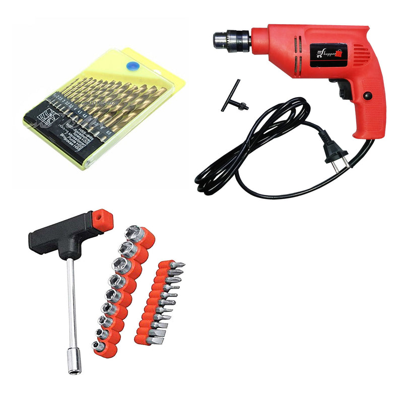 Powerful Drill Machine with 13 Pieces Drill Bit Set and 21Pc Screwdriver Socket Set - DRL13B21PC